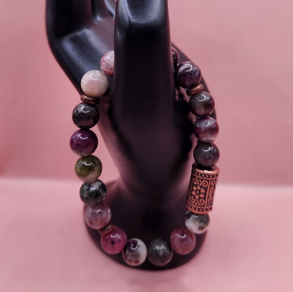 Watermelon Tourmaline and Copper Beaded Bracelet - Picture 2 of 6